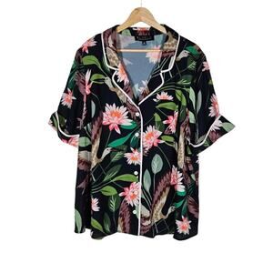 Eloquii Womens Top 18 Plus Size Tropical Leaf Green Pink Hawaiian Button Up